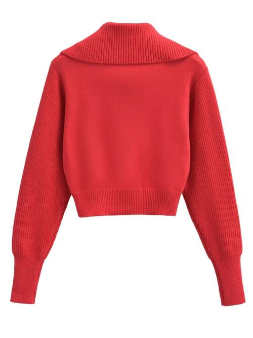 Half Zip Ribbed Collared Neck Knit sweater Top - Kenchima 