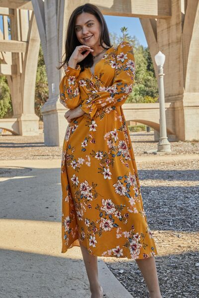 Floral Tie Back Flounce Sleeve Dress - Kenchima 