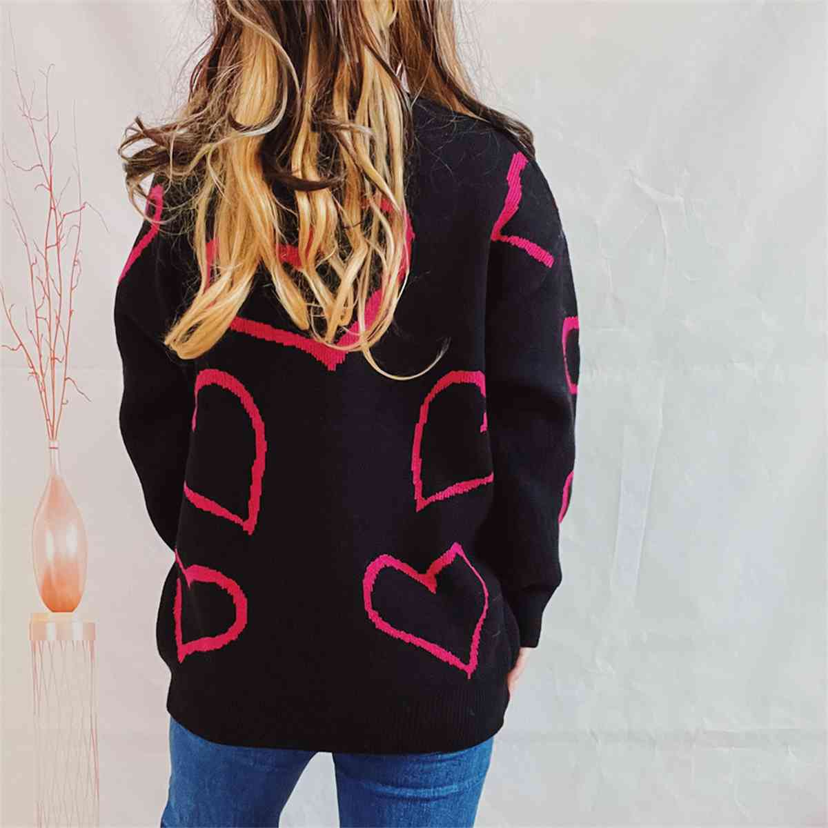 Heart Pattern Long Sleeve Sweater - Kenchima 