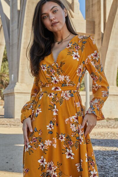 Floral Tie Back Flounce Sleeve Dress - Kenchima 