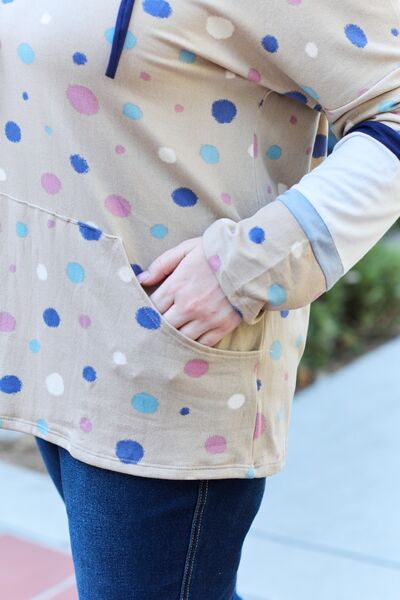 Full Size Polka Dot Drawstring Hoodie - Kenchima 
