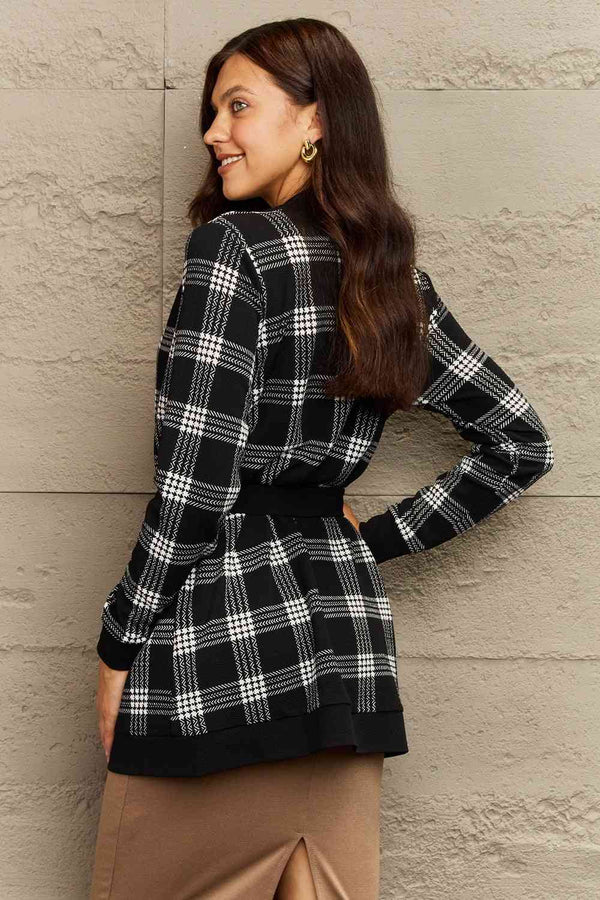 Plaid Tie Waist Pocketed Cardigan