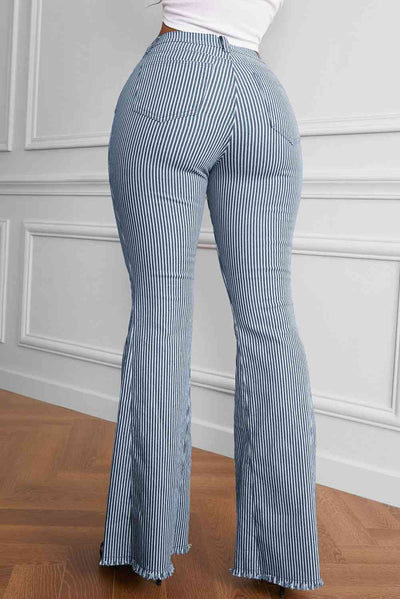 Striped Fringe Detail Flare Pants - Kenchima 