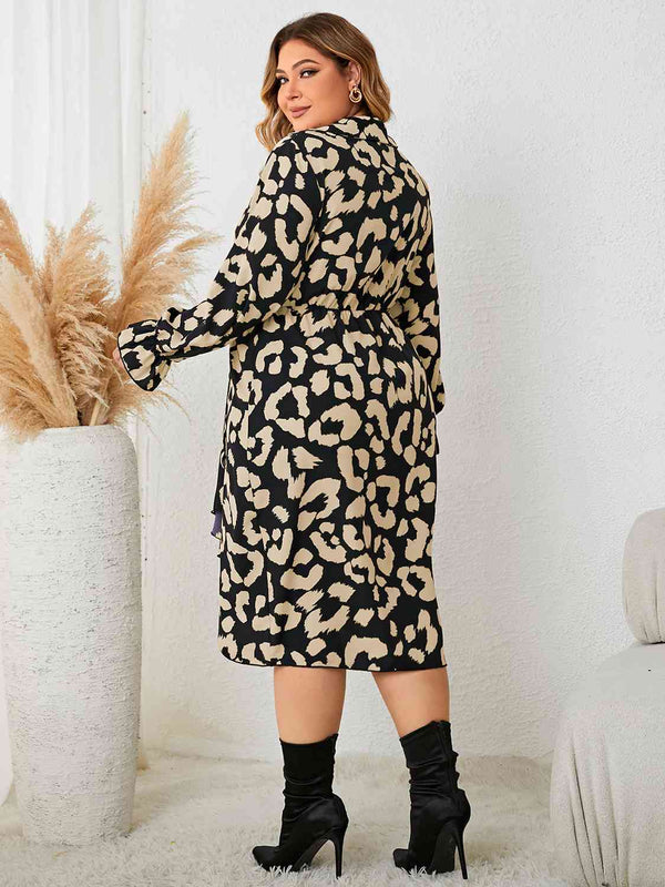 Plus Size Leopard Surplice Neck Flounce Sleeve Dress - Kenchima 