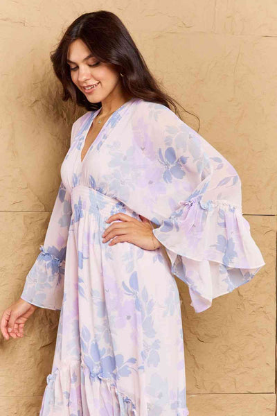 OneTheLand Take Me With You Floral Bell Sleeve Midi Dress in Blue - Kenchima 