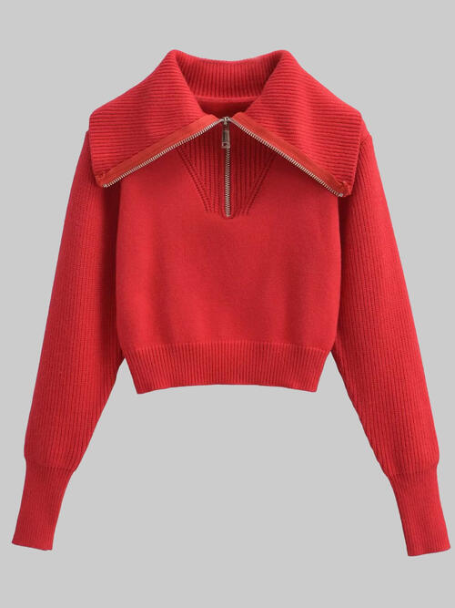 Half Zip Ribbed Collared Neck Knit sweater Top - Kenchima 