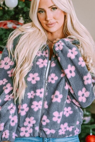 Flower Pattern Zip Up Dropped Shoulder Jacket - Kenchima 