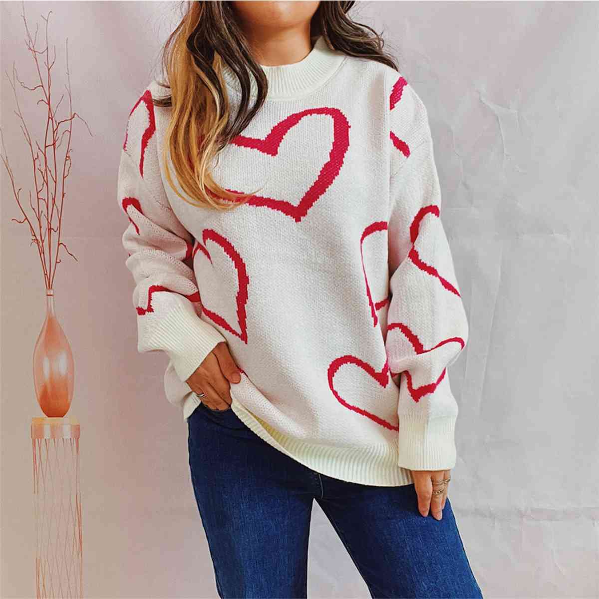 Heart Pattern Long Sleeve Sweater - Kenchima 