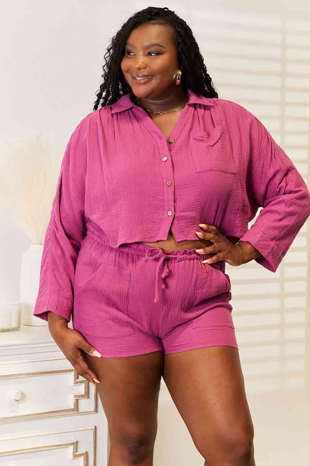 Basic Bae Buttoned Long Sleeve Top and Shorts Set - Kenchima 