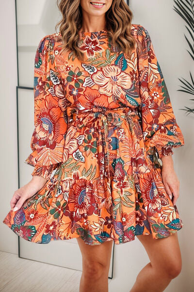 Print Tie Waist Lantern Sleeve Mini Dress