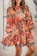 Print Tie Waist Lantern Sleeve Mini Dress