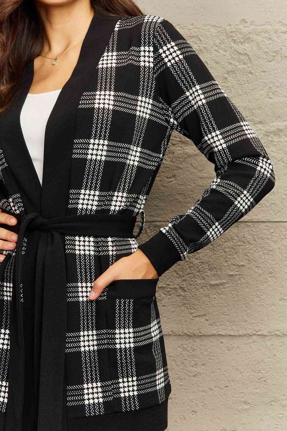 Plaid Tie Waist Pocketed Cardigan