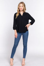 ACTIVE BASIC Full Size Notched Long Sleeve Woven Top