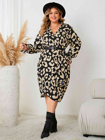 Plus Size Leopard Surplice Neck Flounce Sleeve Dress - Kenchima 